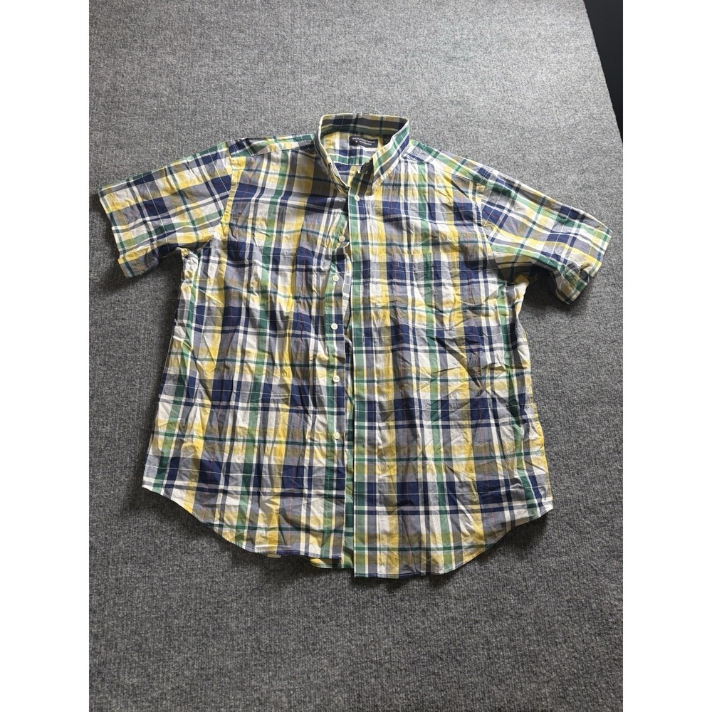 Roundtree & Yorke Mens Short Sleeve Plaid Button Up Shirt Yellow Blue Green